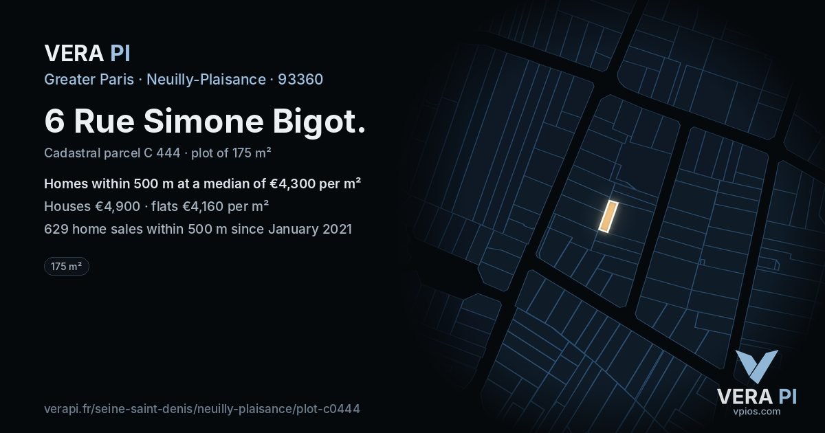 6 Rue Simone Bigot, Neuilly-Plaisance at night – the plot lit, the parcels around coloured by the prices near them