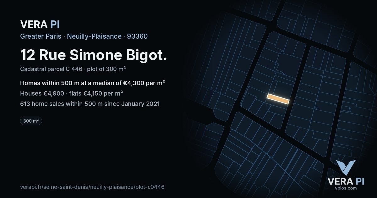 12 Rue Simone Bigot, Neuilly-Plaisance at night – the plot lit, the parcels around coloured by the prices near them