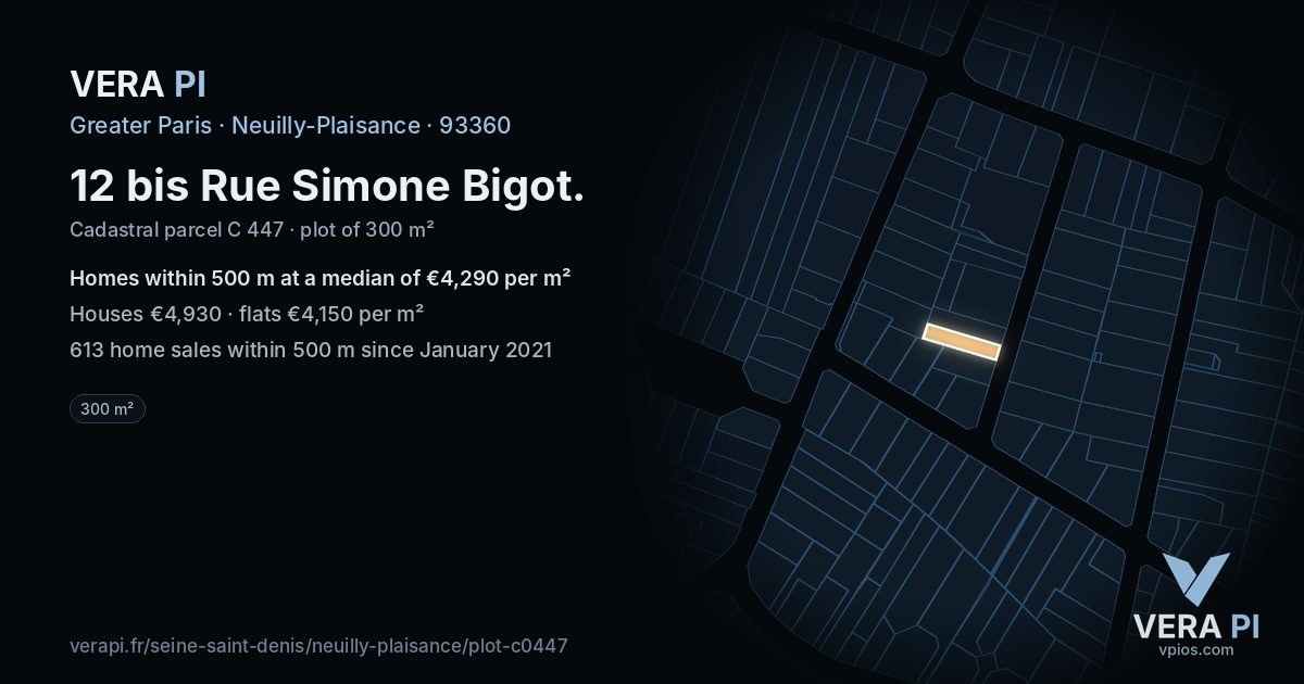 12 bis Rue Simone Bigot, Neuilly-Plaisance at night – the plot lit, the parcels around coloured by the prices near them