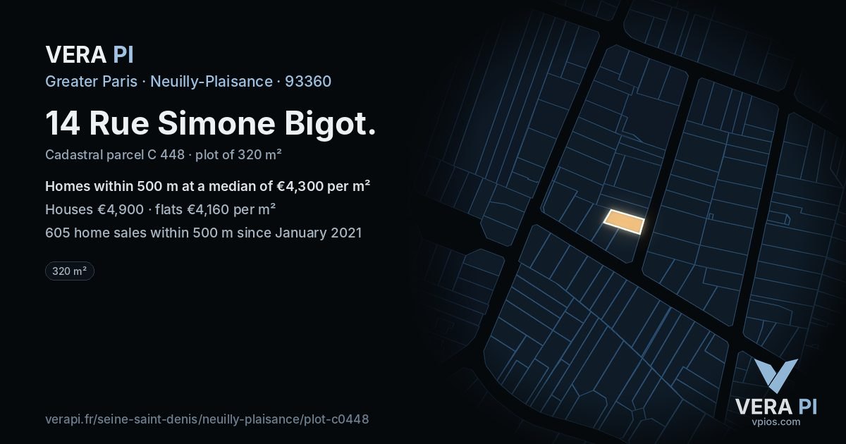 14 Rue Simone Bigot, Neuilly-Plaisance at night – the plot lit, the parcels around coloured by the prices near them