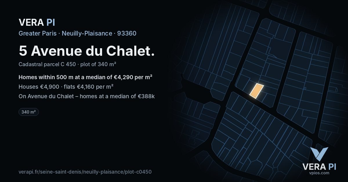 5 Avenue du Chalet, Neuilly-Plaisance at night – the plot lit, the parcels around coloured by the prices near them