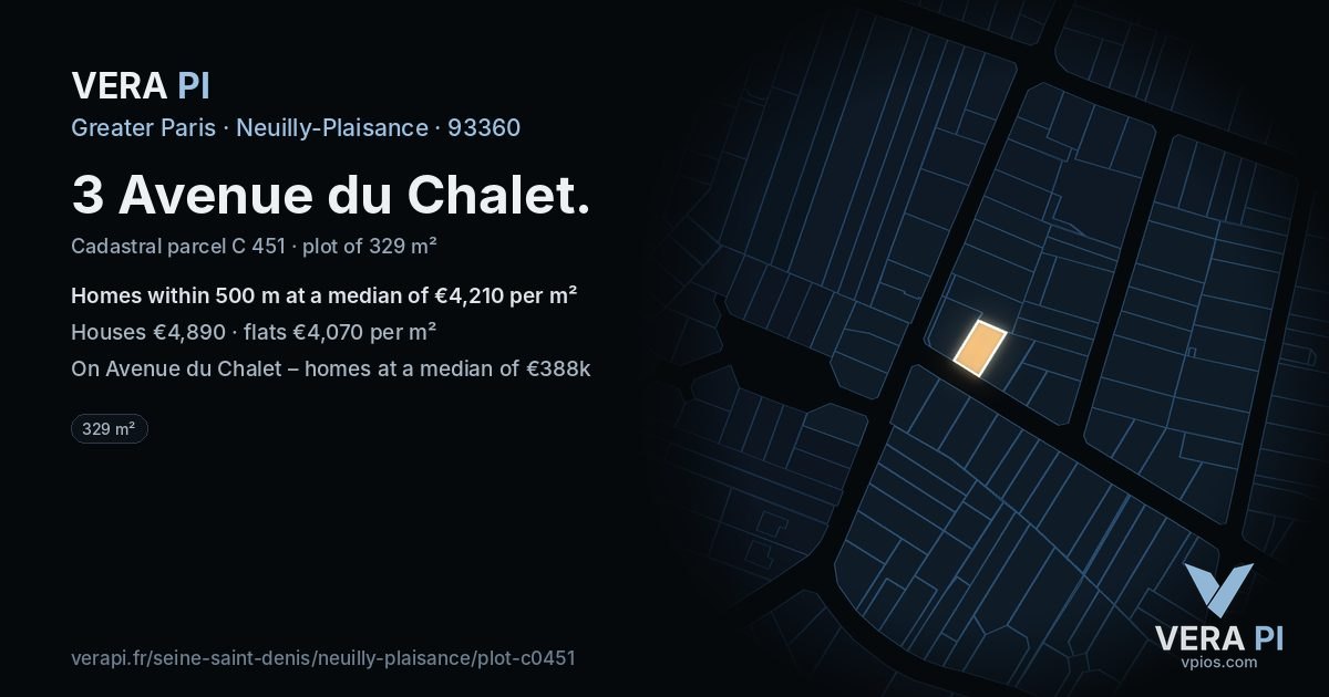 3 Avenue du Chalet, Neuilly-Plaisance at night – the plot lit, the parcels around coloured by the prices near them