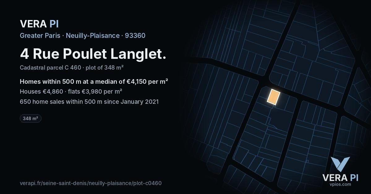 4 Rue Poulet Langlet, Neuilly-Plaisance at night – the plot lit, the parcels around coloured by the prices near them