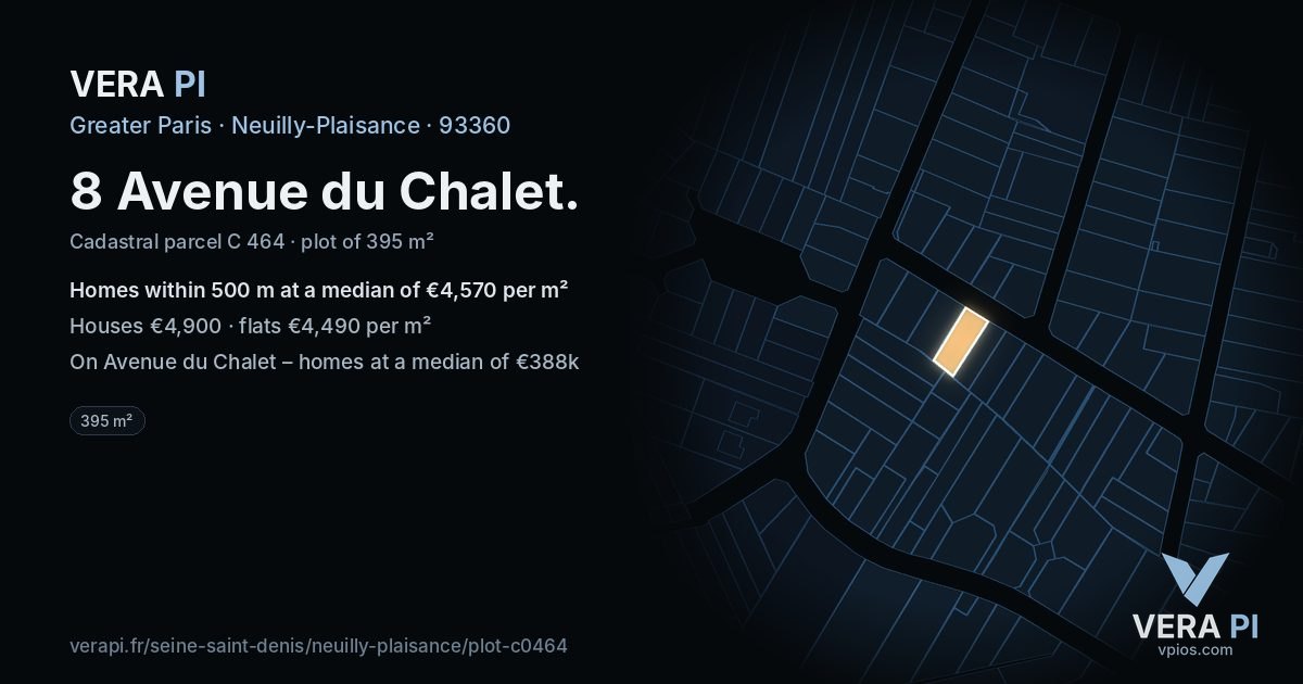 8 Avenue du Chalet, Neuilly-Plaisance at night – the plot lit, the parcels around coloured by the prices near them