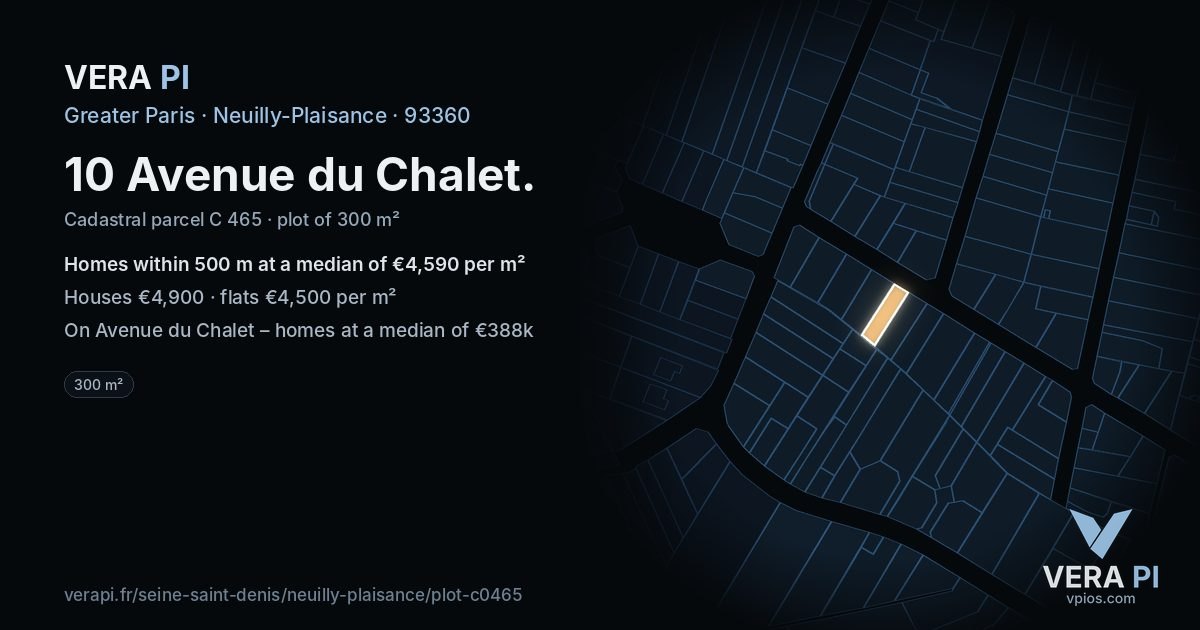 10 Avenue du Chalet, Neuilly-Plaisance at night – the plot lit, the parcels around coloured by the prices near them