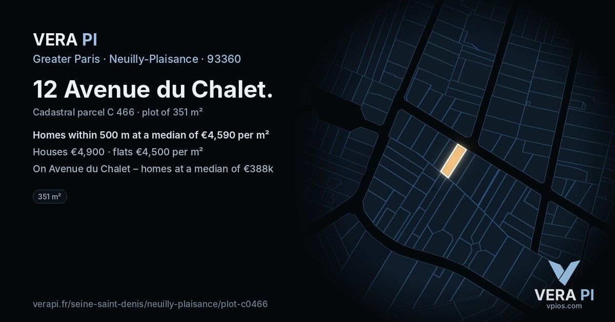 12 Avenue du Chalet, Neuilly-Plaisance at night – the plot lit, the parcels around coloured by the prices near them