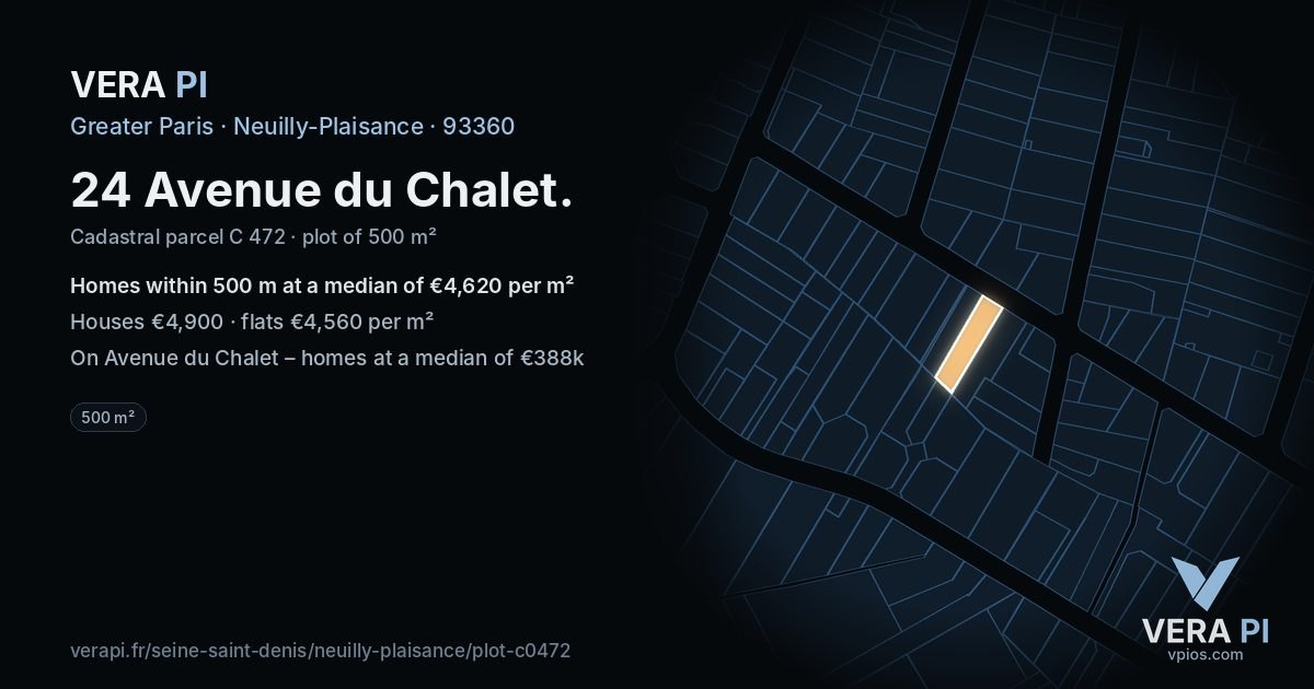 24 Avenue du Chalet, Neuilly-Plaisance at night – the plot lit, the parcels around coloured by the prices near them