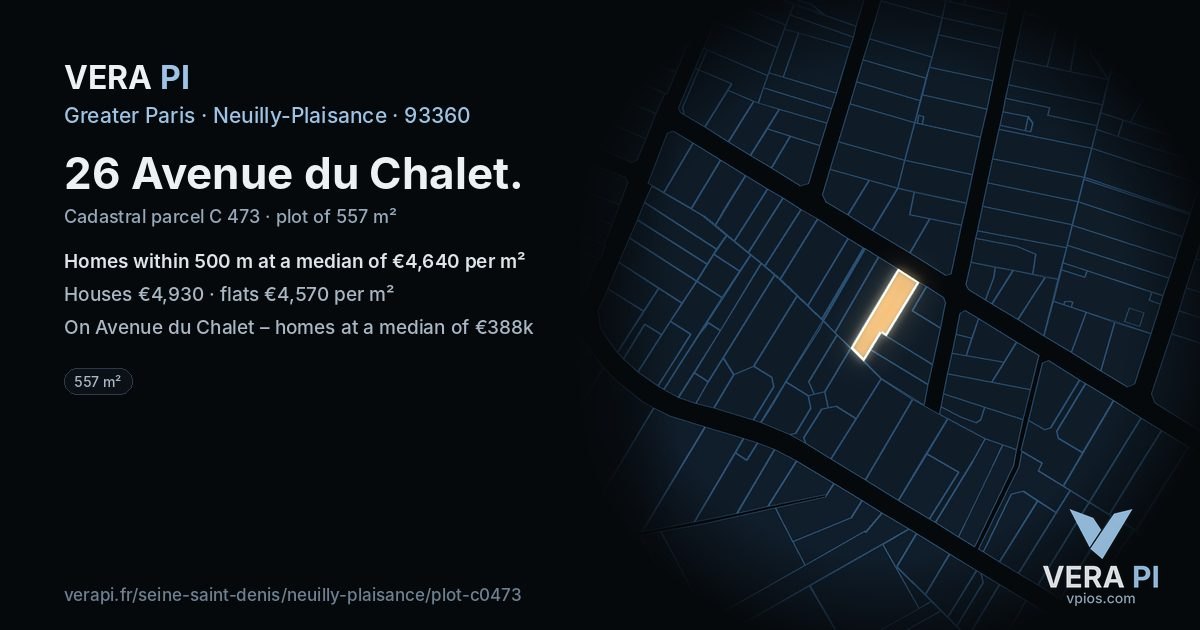 26 Avenue du Chalet, Neuilly-Plaisance at night – the plot lit, the parcels around coloured by the prices near them