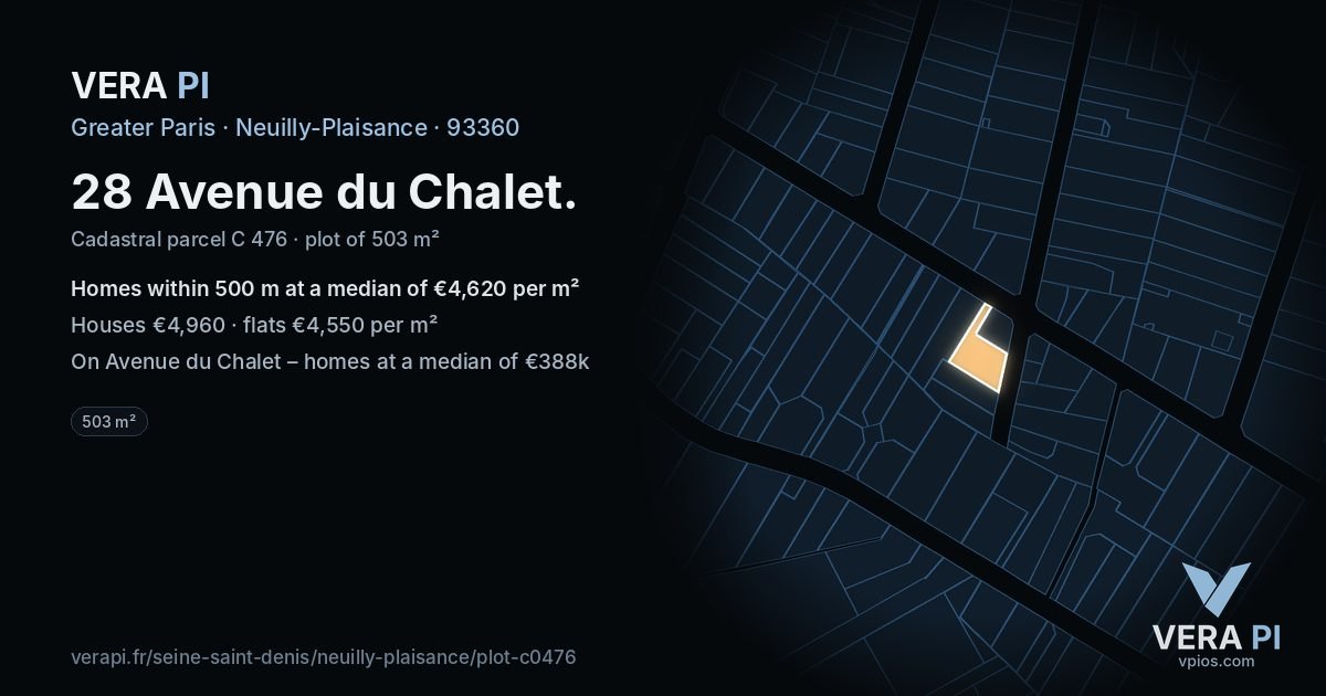 28 Avenue du Chalet, Neuilly-Plaisance at night – the plot lit, the parcels around coloured by the prices near them