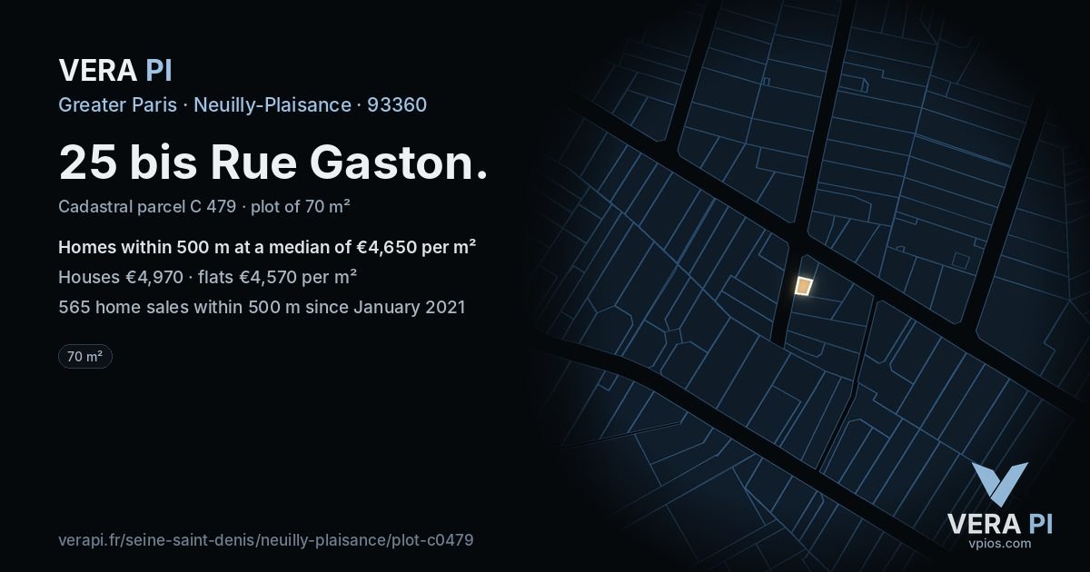 25 bis Rue Gaston, Neuilly-Plaisance at night – the plot lit, the parcels around coloured by the prices near them