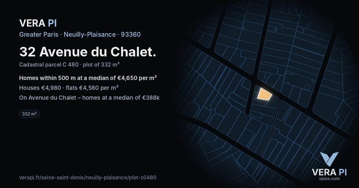 32 Avenue du Chalet, Neuilly-Plaisance at night – the plot lit, the parcels around coloured by the prices near them