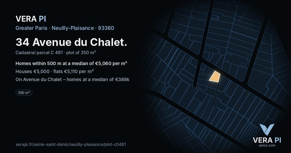 34 Avenue du Chalet, Neuilly-Plaisance at night – the plot lit, the parcels around coloured by the prices near them
