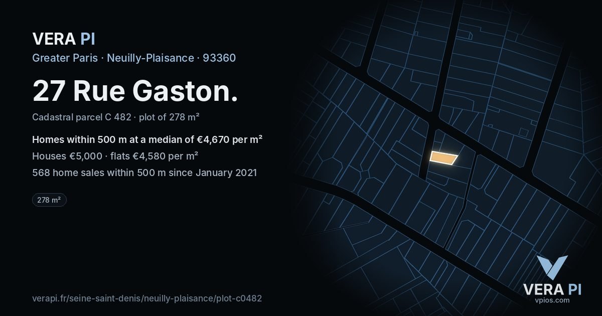 27 Rue Gaston, Neuilly-Plaisance at night – the plot lit, the parcels around coloured by the prices near them