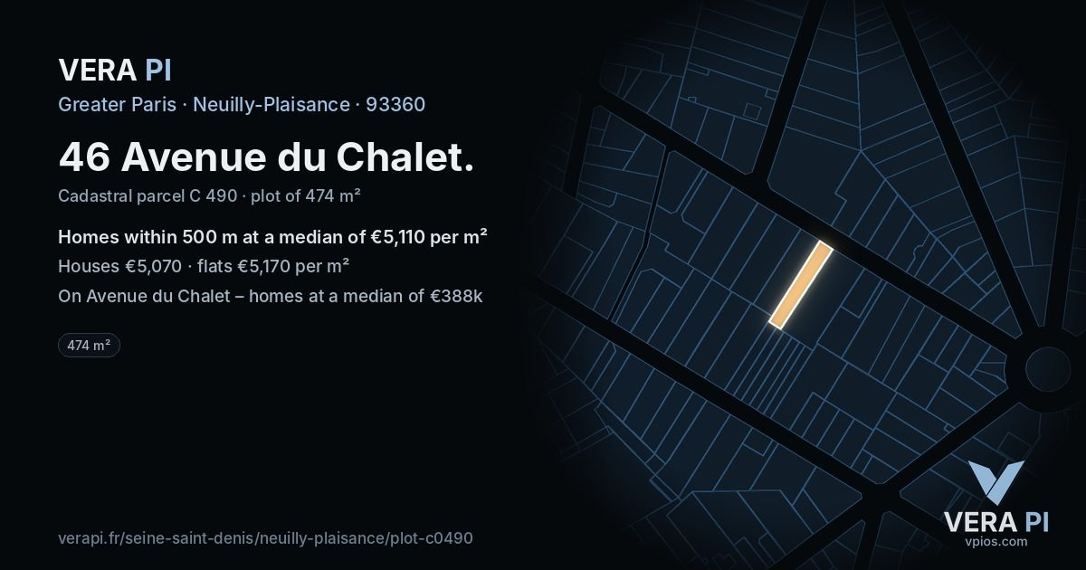 46 Avenue du Chalet, Neuilly-Plaisance at night – the plot lit, the parcels around coloured by the prices near them