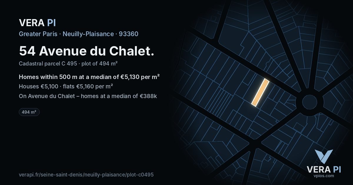 54 Avenue du Chalet, Neuilly-Plaisance at night – the plot lit, the parcels around coloured by the prices near them
