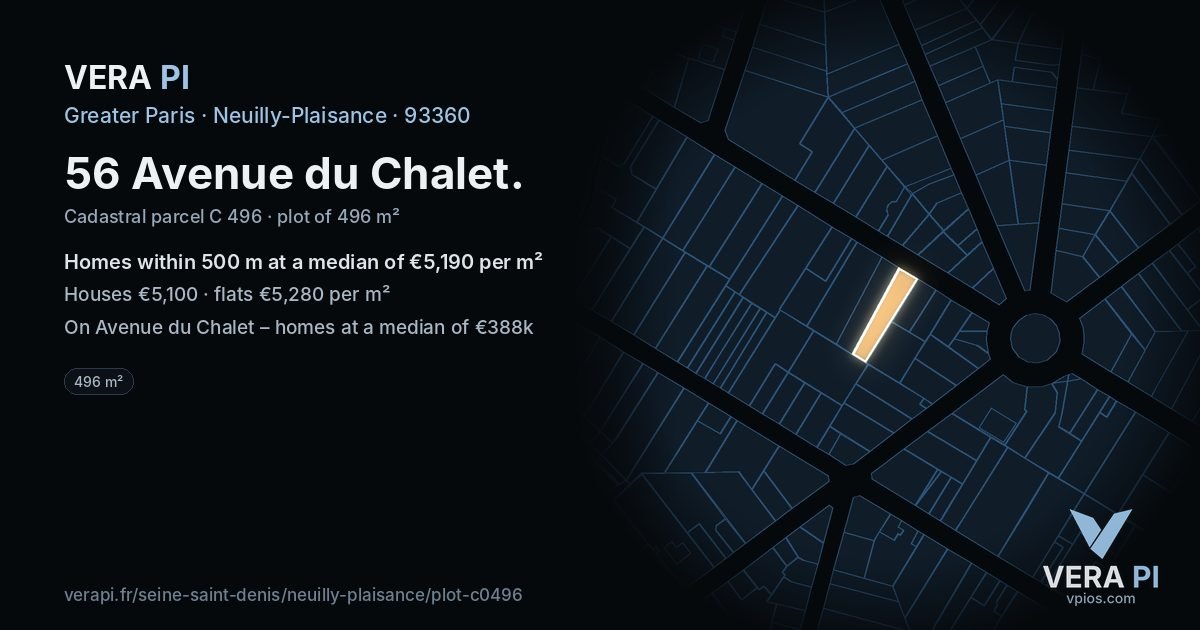 56 Avenue du Chalet, Neuilly-Plaisance at night – the plot lit, the parcels around coloured by the prices near them