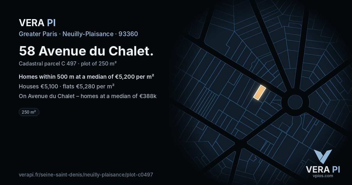 58 Avenue du Chalet, Neuilly-Plaisance at night – the plot lit, the parcels around coloured by the prices near them
