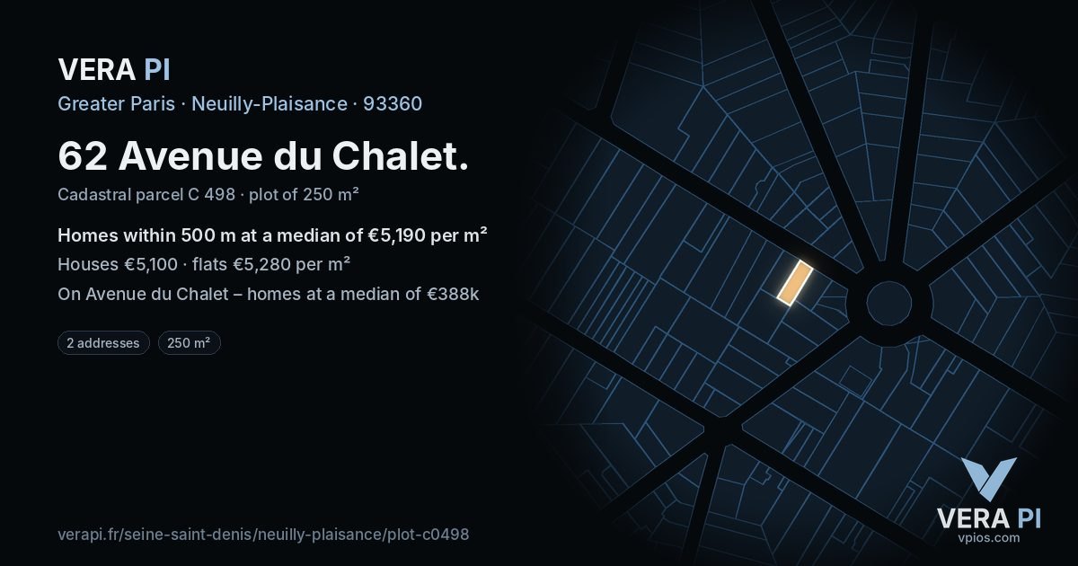 62 Avenue du Chalet, Neuilly-Plaisance at night – the plot lit, the parcels around coloured by the prices near them