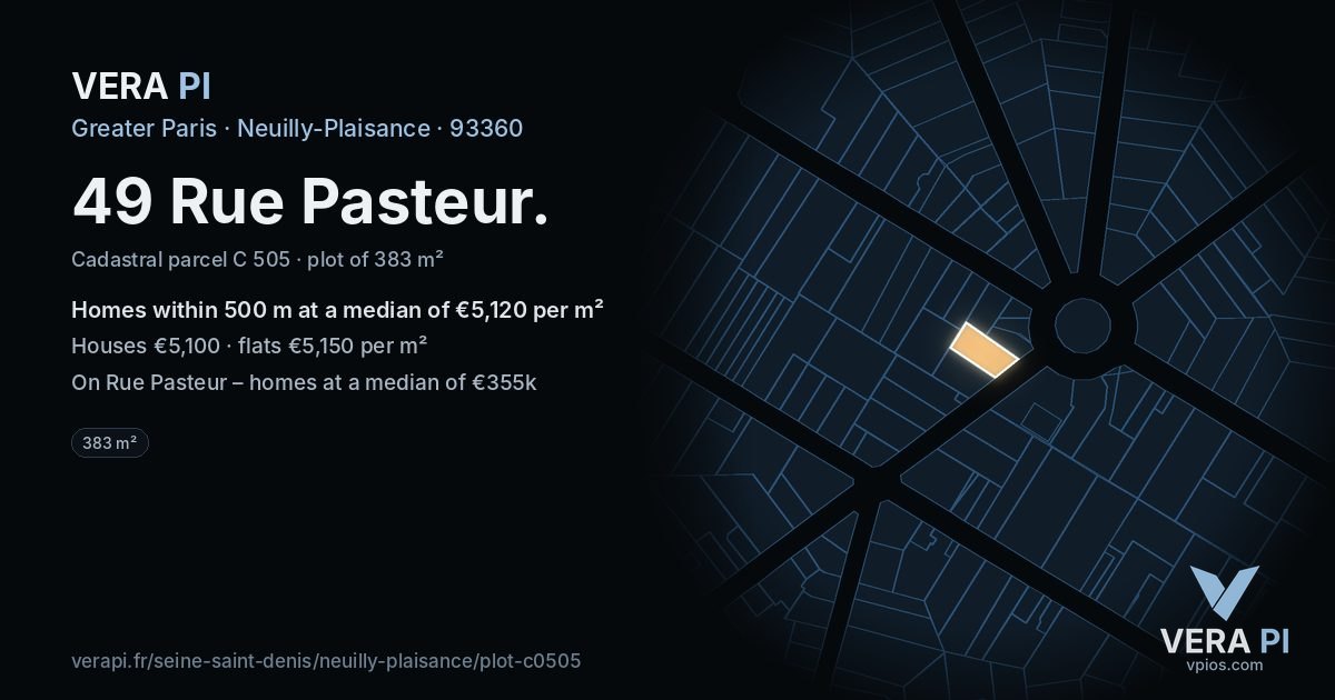 49 Rue Pasteur, Neuilly-Plaisance at night – the plot lit, the parcels around coloured by the prices near them