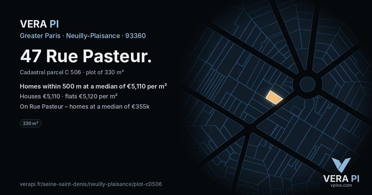 47 Rue Pasteur, Neuilly-Plaisance at night – the plot lit, the parcels around coloured by the prices near them