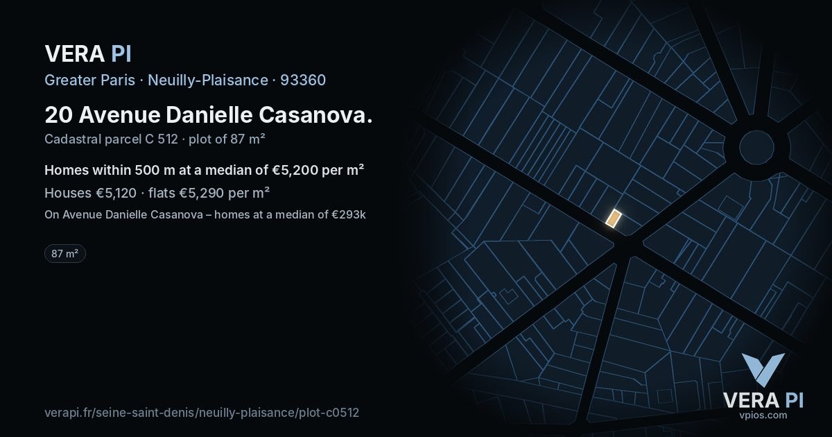 20 Avenue Danielle Casanova, Neuilly-Plaisance at night – the plot lit, the parcels around coloured by the prices near them