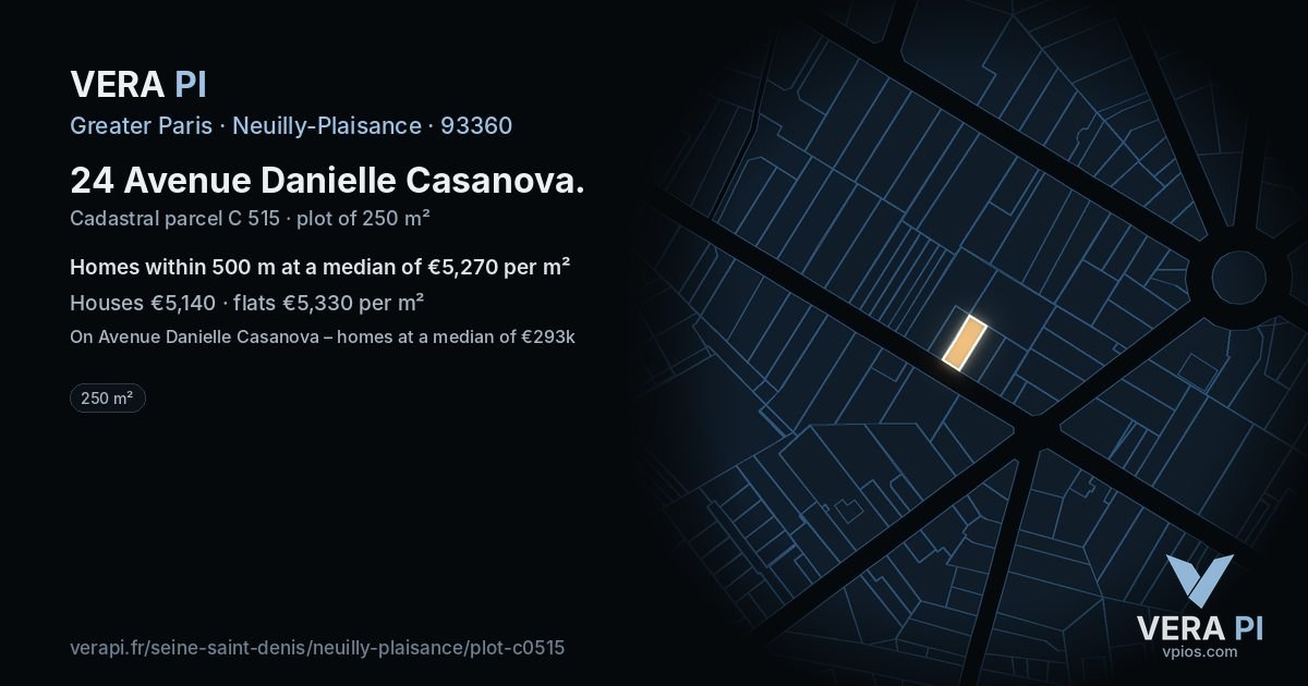 24 Avenue Danielle Casanova, Neuilly-Plaisance at night – the plot lit, the parcels around coloured by the prices near them