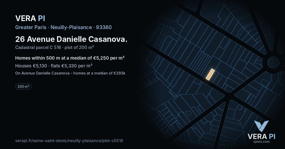 26 Avenue Danielle Casanova, Neuilly-Plaisance at night – the plot lit, the parcels around coloured by the prices near them