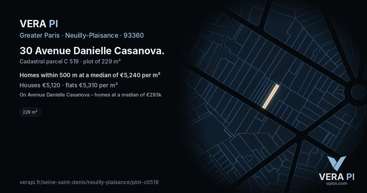 30 Avenue Danielle Casanova, Neuilly-Plaisance at night – the plot lit, the parcels around coloured by the prices near them