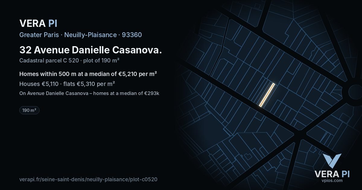 32 Avenue Danielle Casanova, Neuilly-Plaisance at night – the plot lit, the parcels around coloured by the prices near them