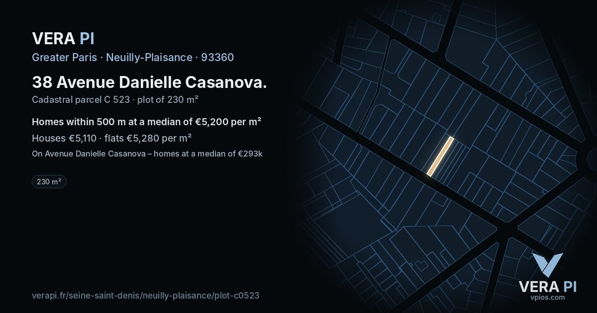 38 Avenue Danielle Casanova, Neuilly-Plaisance at night – the plot lit, the parcels around coloured by the prices near them
