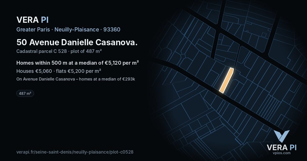 50 Avenue Danielle Casanova, Neuilly-Plaisance at night – the plot lit, the parcels around coloured by the prices near them