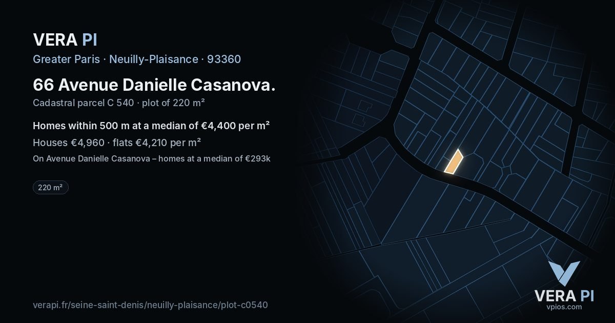 66 Avenue Danielle Casanova, Neuilly-Plaisance at night – the plot lit, the parcels around coloured by the prices near them