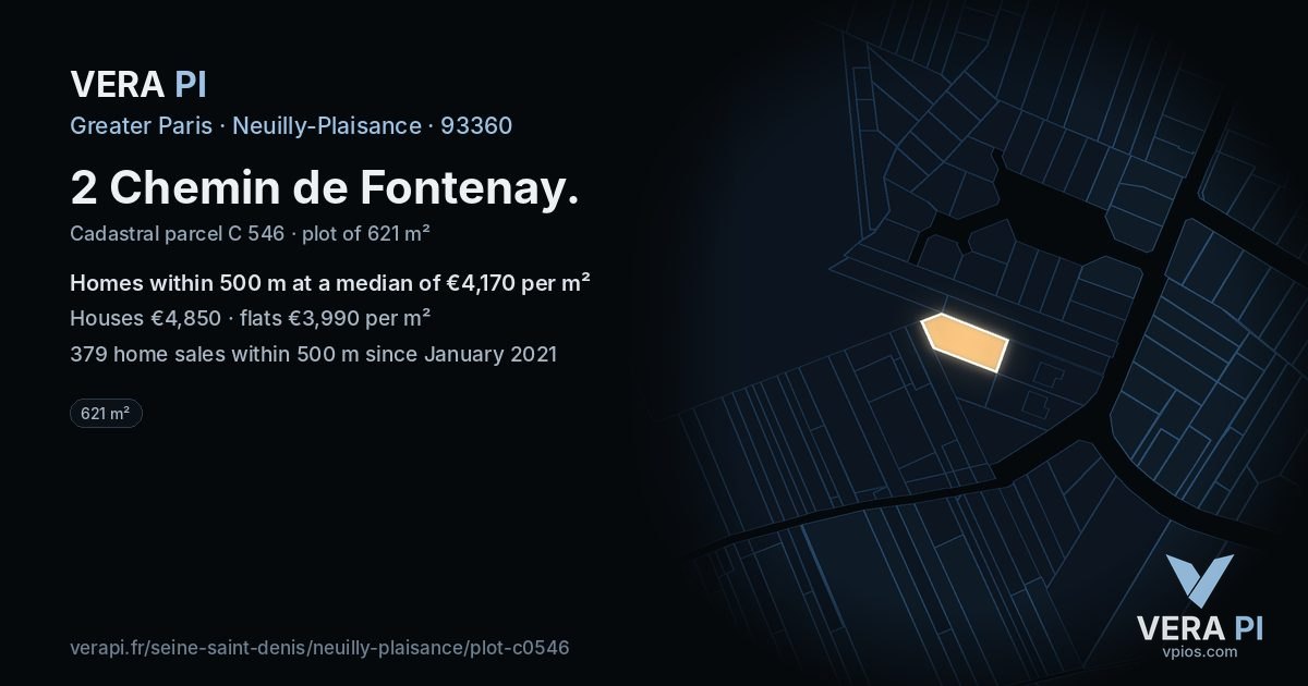 2 Chemin de Fontenay, Neuilly-Plaisance at night – the plot lit, the parcels around coloured by the prices near them