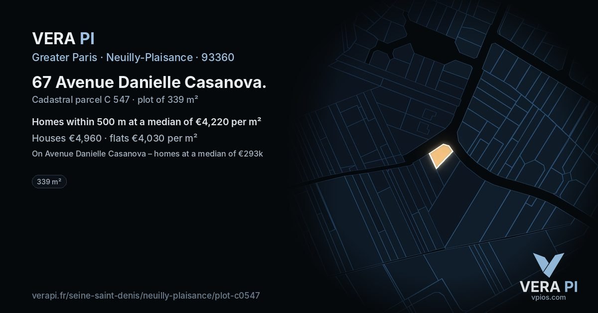 67 Avenue Danielle Casanova, Neuilly-Plaisance at night – the plot lit, the parcels around coloured by the prices near them