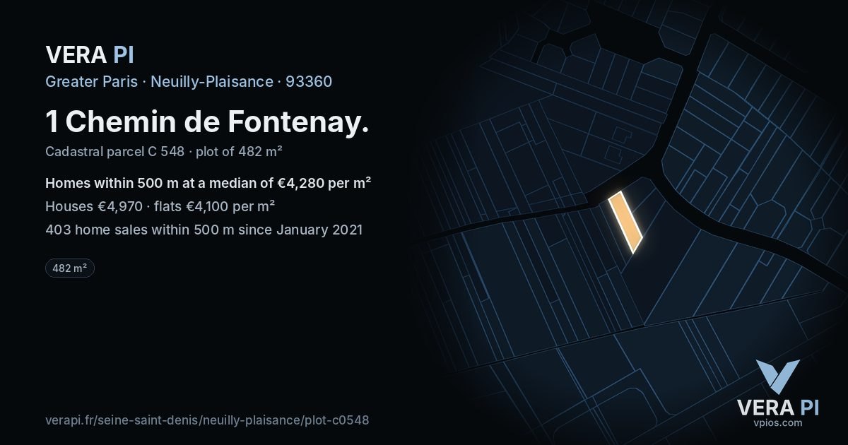 1 Chemin de Fontenay, Neuilly-Plaisance at night – the plot lit, the parcels around coloured by the prices near them