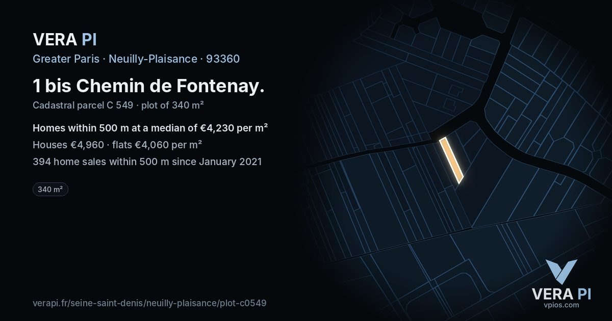 1 bis Chemin de Fontenay, Neuilly-Plaisance at night – the plot lit, the parcels around coloured by the prices near them