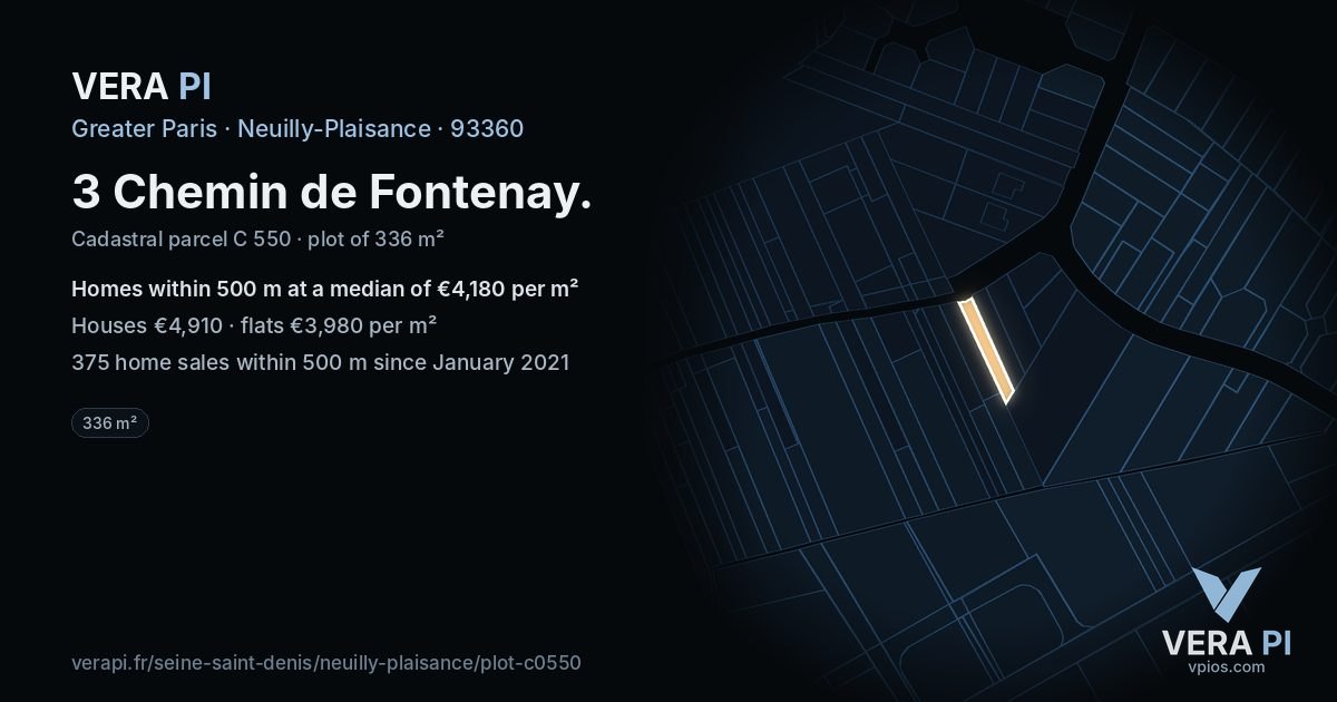 3 Chemin de Fontenay, Neuilly-Plaisance at night – the plot lit, the parcels around coloured by the prices near them