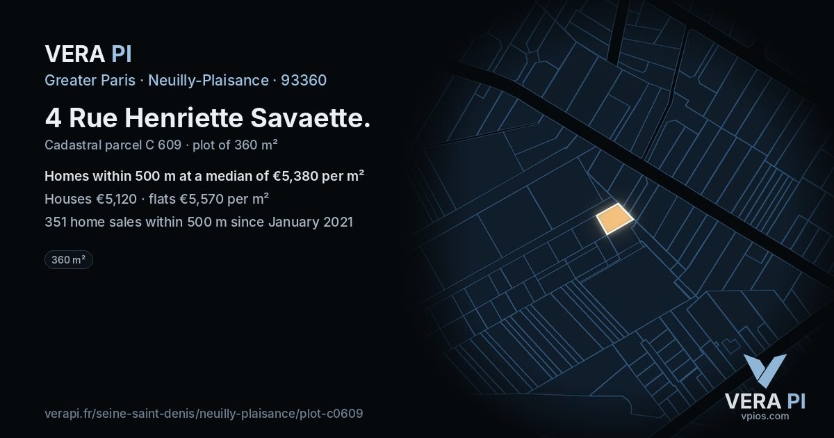 4 Rue Henriette Savaette, Neuilly-Plaisance at night – the plot lit, the parcels around coloured by the prices near them