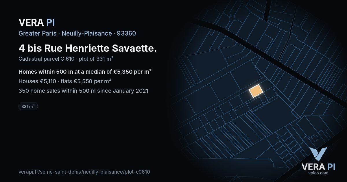 4 bis Rue Henriette Savaette, Neuilly-Plaisance at night – the plot lit, the parcels around coloured by the prices near them