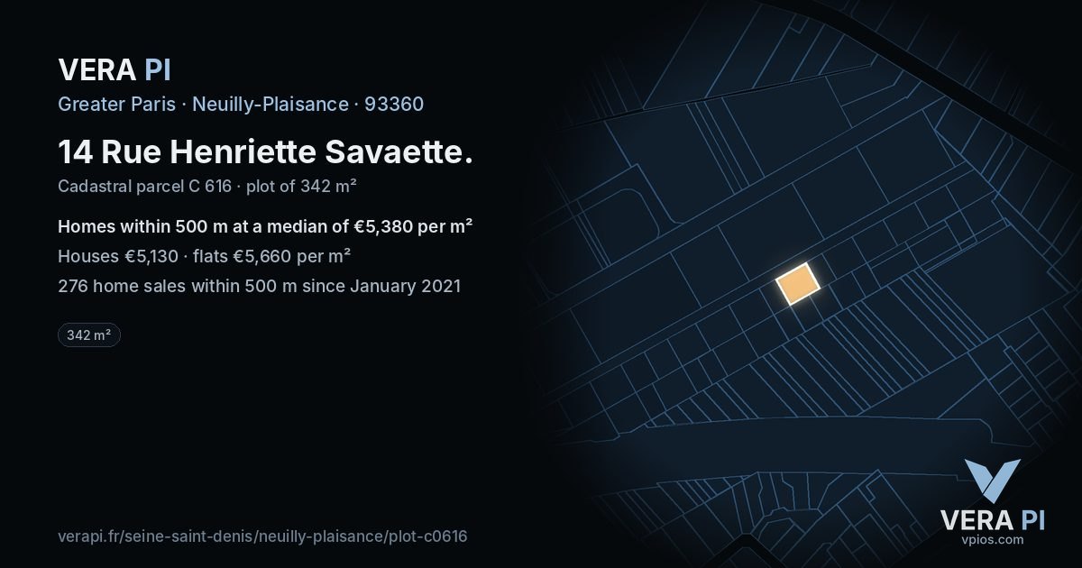 14 Rue Henriette Savaette, Neuilly-Plaisance at night – the plot lit, the parcels around coloured by the prices near them
