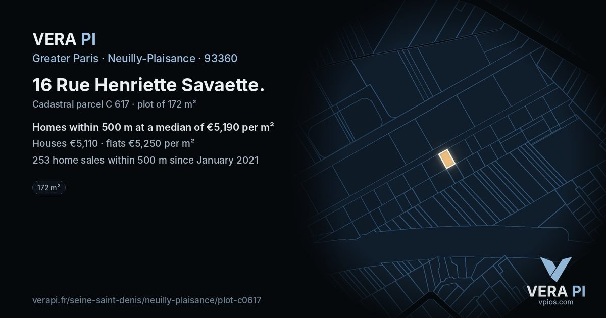 16 Rue Henriette Savaette, Neuilly-Plaisance at night – the plot lit, the parcels around coloured by the prices near them