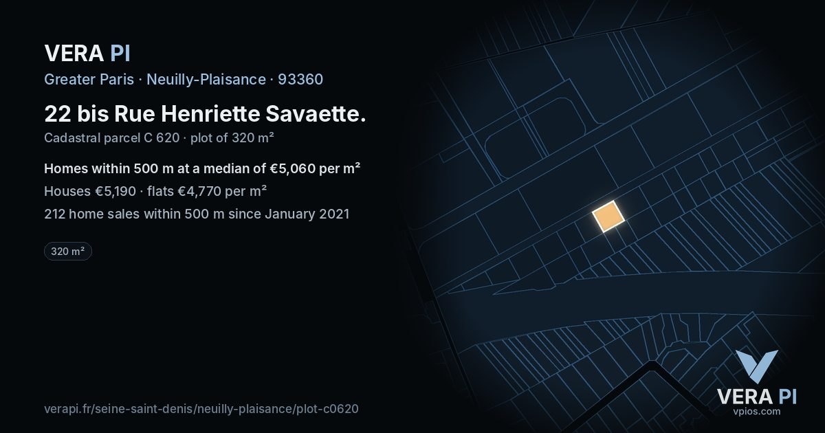 22 bis Rue Henriette Savaette, Neuilly-Plaisance at night – the plot lit, the parcels around coloured by the prices near them