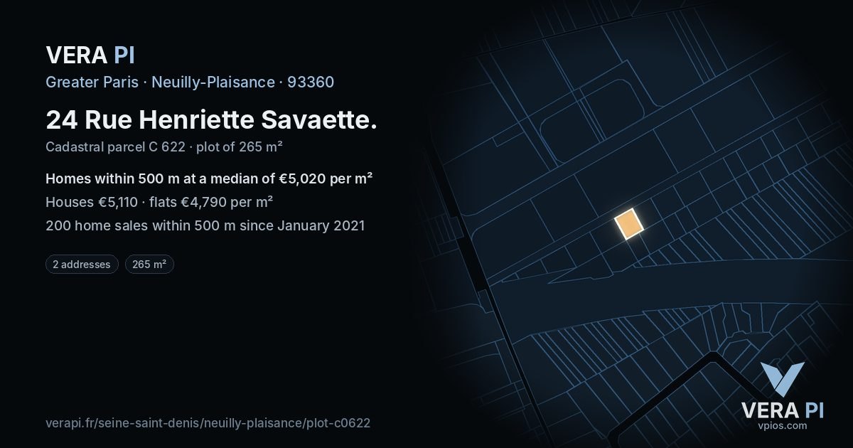 24 Rue Henriette Savaette, Neuilly-Plaisance at night – the plot lit, the parcels around coloured by the prices near them