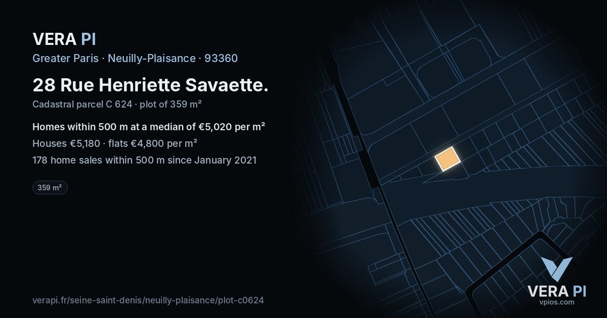 28 Rue Henriette Savaette, Neuilly-Plaisance at night – the plot lit, the parcels around coloured by the prices near them