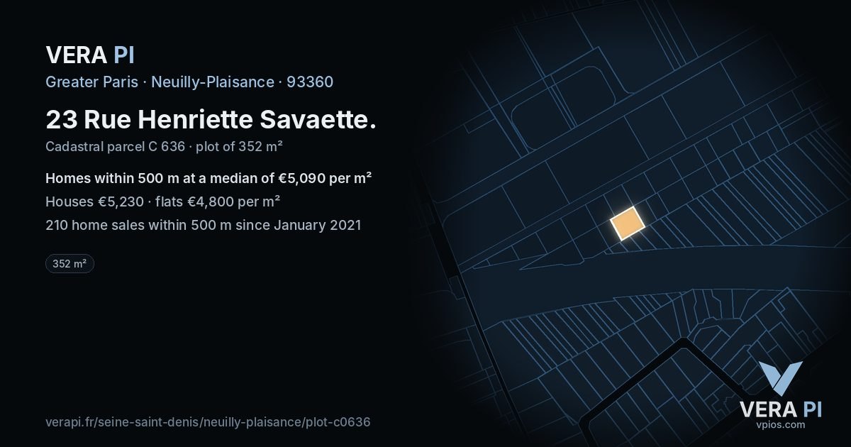 23 Rue Henriette Savaette, Neuilly-Plaisance at night – the plot lit, the parcels around coloured by the prices near them