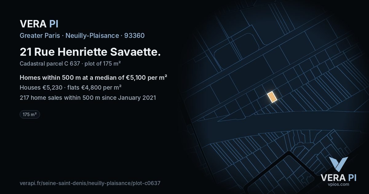 21 Rue Henriette Savaette, Neuilly-Plaisance at night – the plot lit, the parcels around coloured by the prices near them
