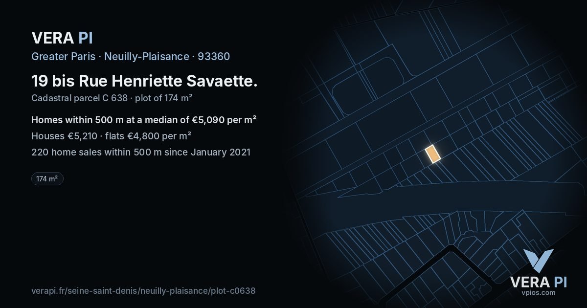 19 bis Rue Henriette Savaette, Neuilly-Plaisance at night – the plot lit, the parcels around coloured by the prices near them