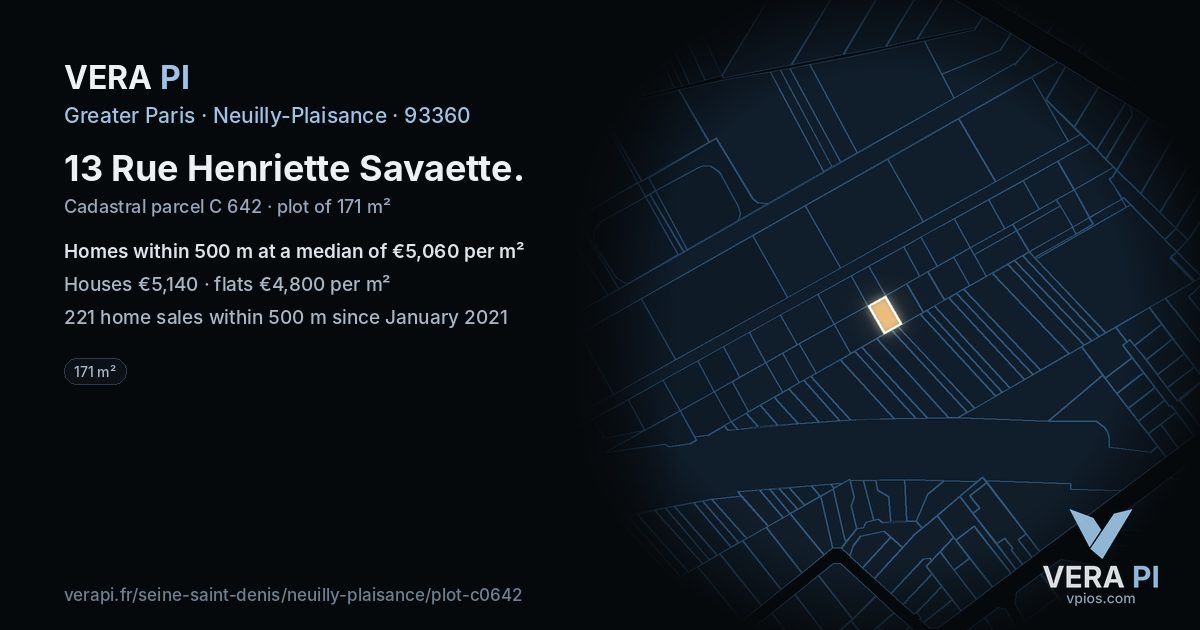 13 Rue Henriette Savaette, Neuilly-Plaisance at night – the plot lit, the parcels around coloured by the prices near them