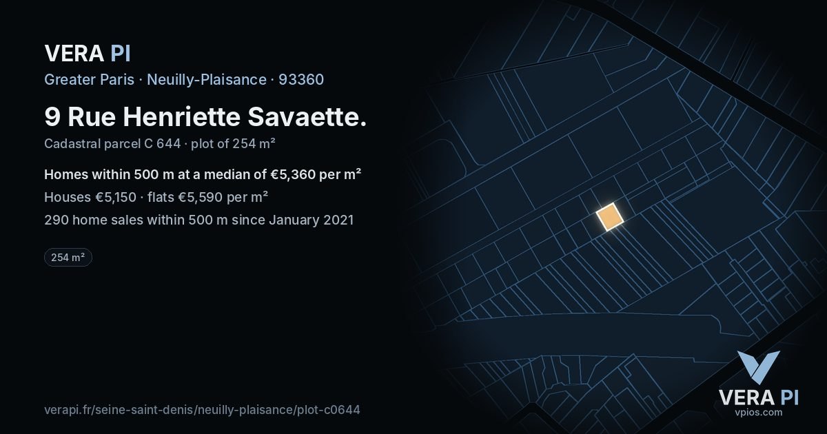 9 Rue Henriette Savaette, Neuilly-Plaisance at night – the plot lit, the parcels around coloured by the prices near them