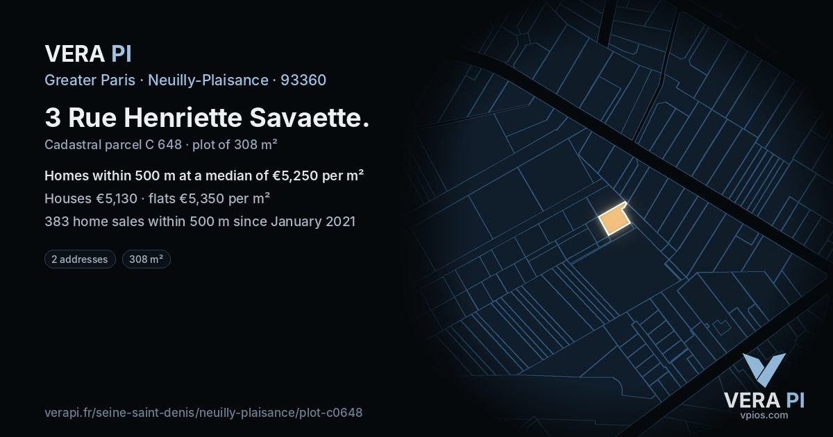 3 Rue Henriette Savaette, Neuilly-Plaisance at night – the plot lit, the parcels around coloured by the prices near them